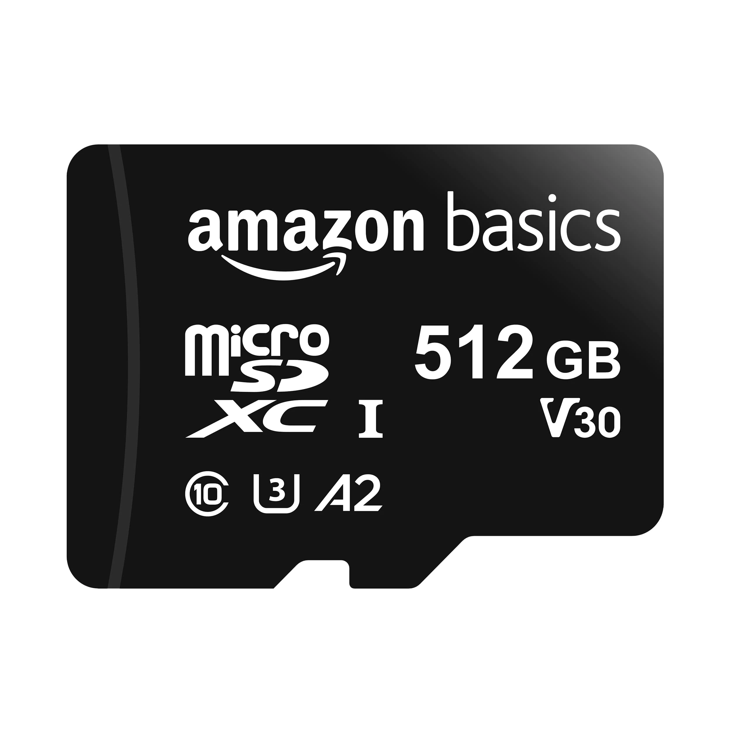 Amazon Basics Micro SDXC, 512 GB, with SD Adapter, A2, U3, read speed up to 100 MB/s, Black