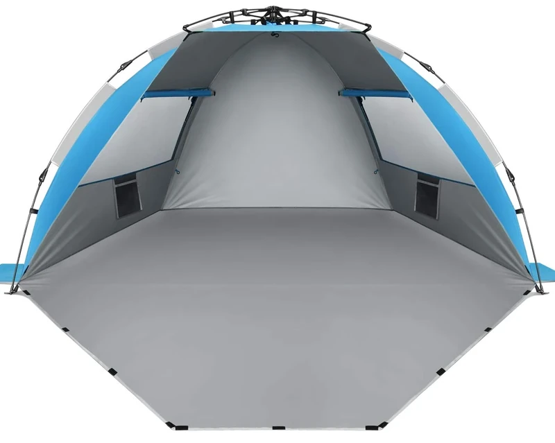 Oileus X-Large 4 Person Beach Tent Sun Shelter - Portable Sun Shade Instant Tent for Beach with Carrying Bag, Stakes, 6 Sand Pockets, Anti UV for Fishing Hiking Camping, Waterproof Windproof, Blue