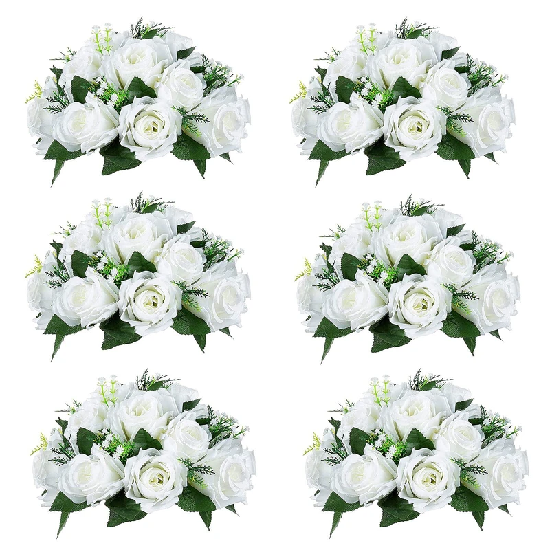 Sziqiqi Faux Silk Roses Artificial Flower Centrepieces, White, 6Pcs