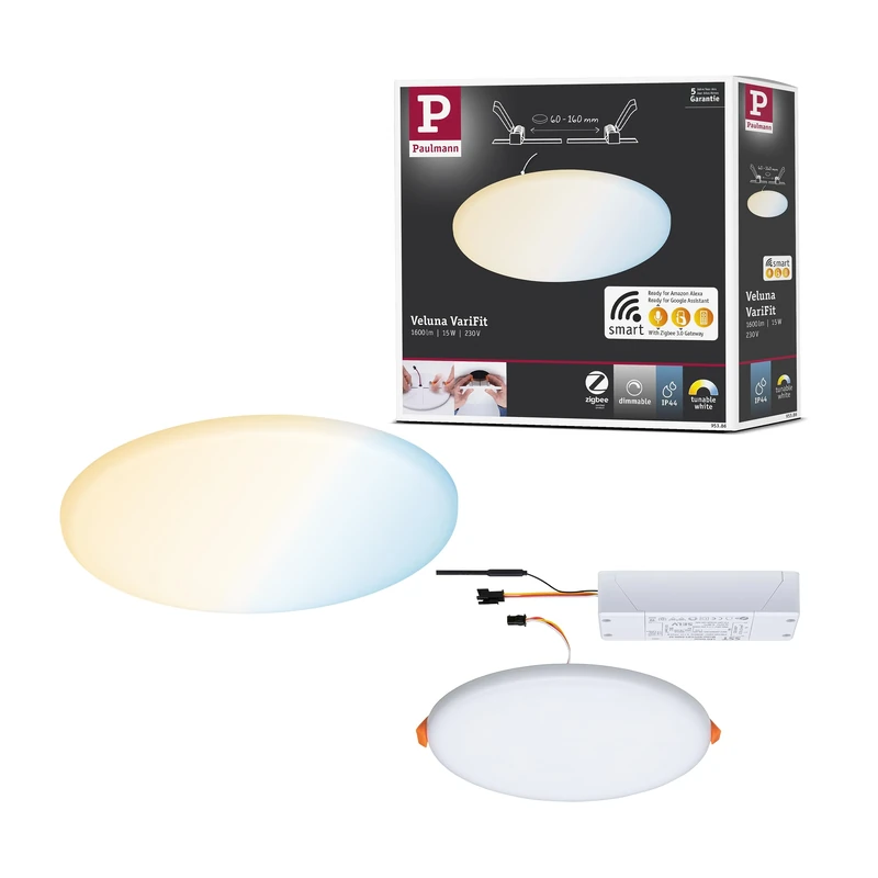Paulmann Areo VariFit 95386 LED Panel Recessed Light IP44 Warm White Zigbee Tunable White 185 mm Round Including 1 x 15 Watt Dimmable Satin Plastic 3000 K