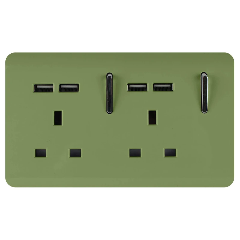 Trendi 2 Gang Artistic Modern Glossy 13 Amp 4x2.1mA USB Switched Plug Socket Moss Green