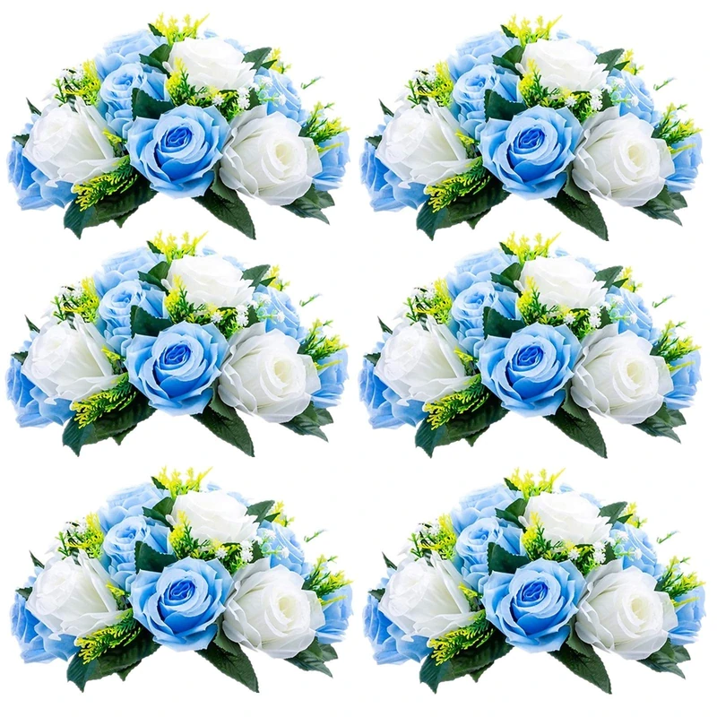 Sziqiqi Silk Rose Flower Balls for Table Centerpieces, Blue&White, 6Pcs
