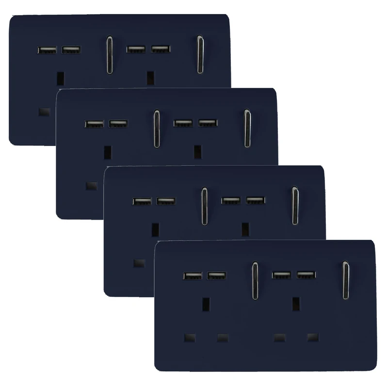 Trendi 2 Gang Artistic Modern Glossy 13 Amp 4x2.1mA USB Switched Plug Socket Navy (4 Pack)