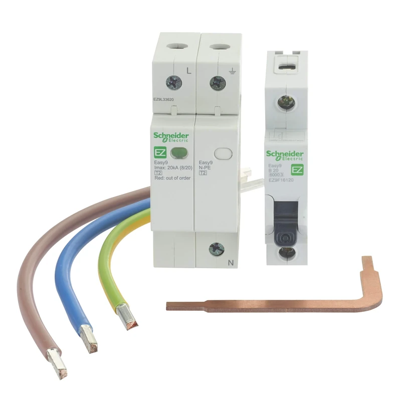 Schneider Electric Easy9 - Surge Arrester Kit T, 1 pole and neutral 20kA, including 20A minature circuit breaker and cable links, EZ9L33620KIT