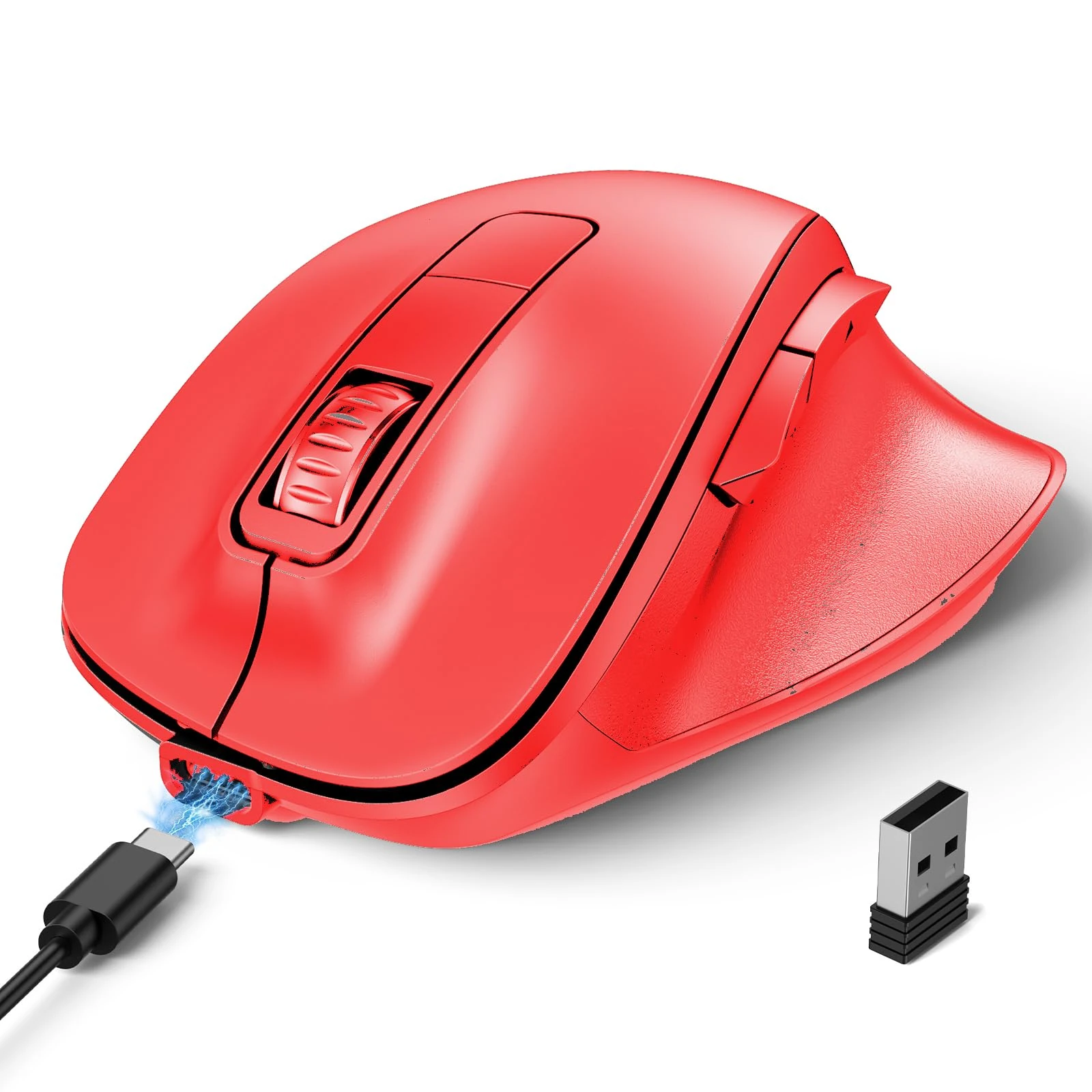 TECKNET Bluetooth Mouse (BT5.0/3.0 and 2.4G), Multi-Device Wireless Mouse, 4800 DPI Rechargeable Silent Mice, Computer Mouse with Thumb Rest, Ergonomic Wireless Mouse for Laptop/Mac/PC, Red