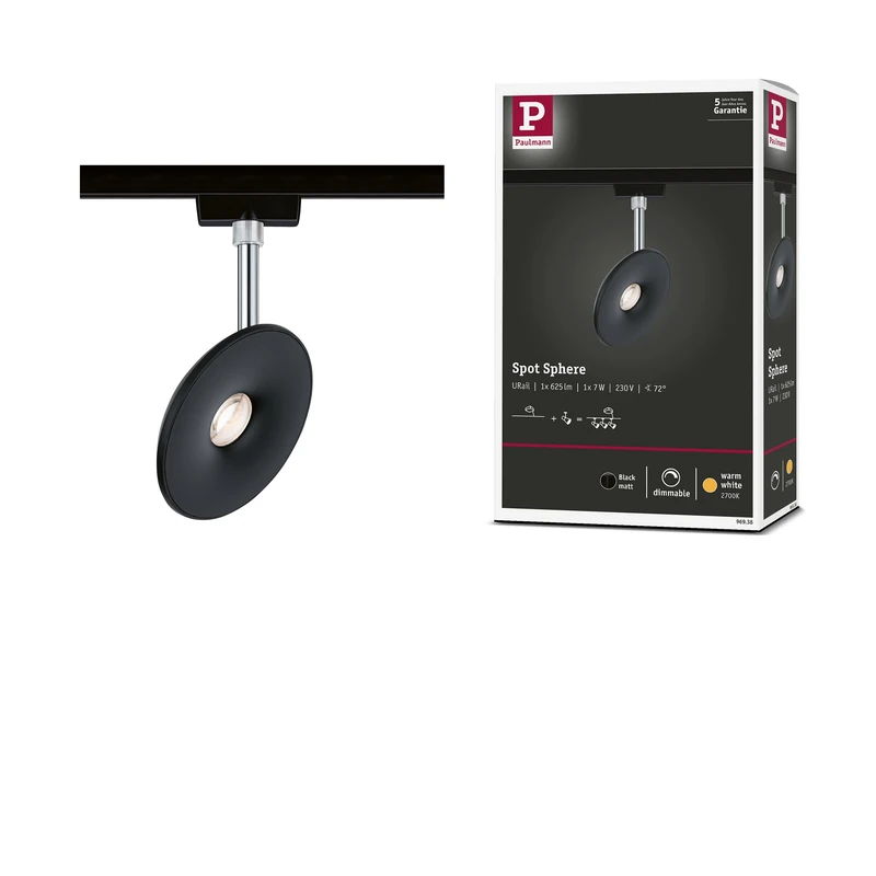 Paulmann 96938 Sphere URail LED Individual spot 493lm 7W 2700K dimmable 230V Black matt, Chrome Rail System