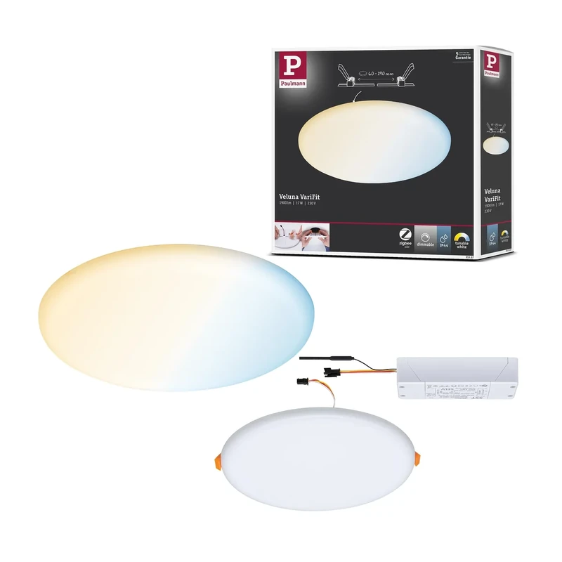 Paulmann Areo VariFit 95387 LED Recessed Panel Light IP44 Warm White Zigbee Tunable White 215 mm Round Including 1 x 17 Watt Dimmable Satin Plastic 3000 K
