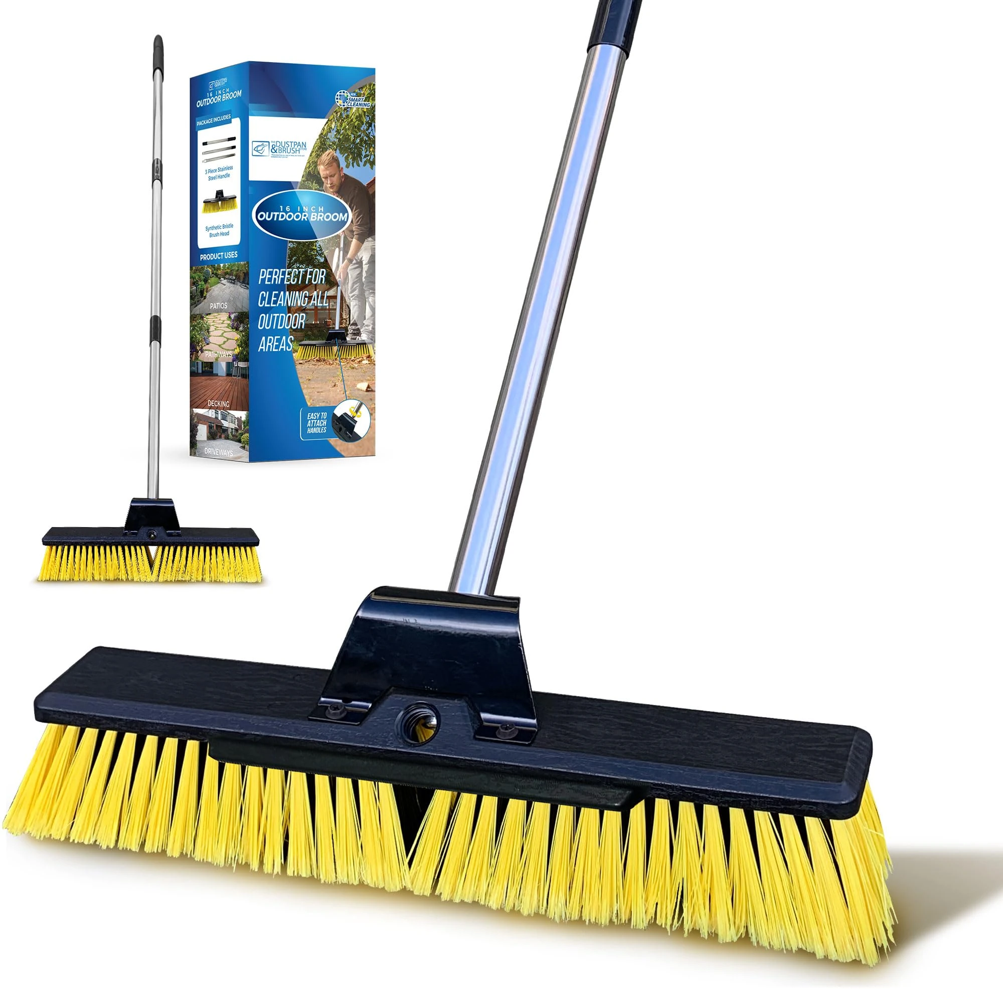Heavy Duty Garden Broom Outdoor 16" Stiff Hard Brush & Metal Handle for Sweeping Your Yard, Garden & Decking