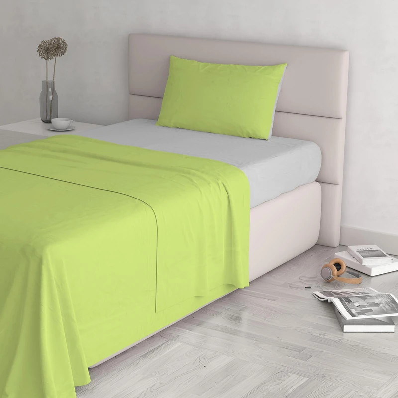 Italian Bed Linen Natural Colour Bed Sheet Set, Acid Green/Light Gray, Single
