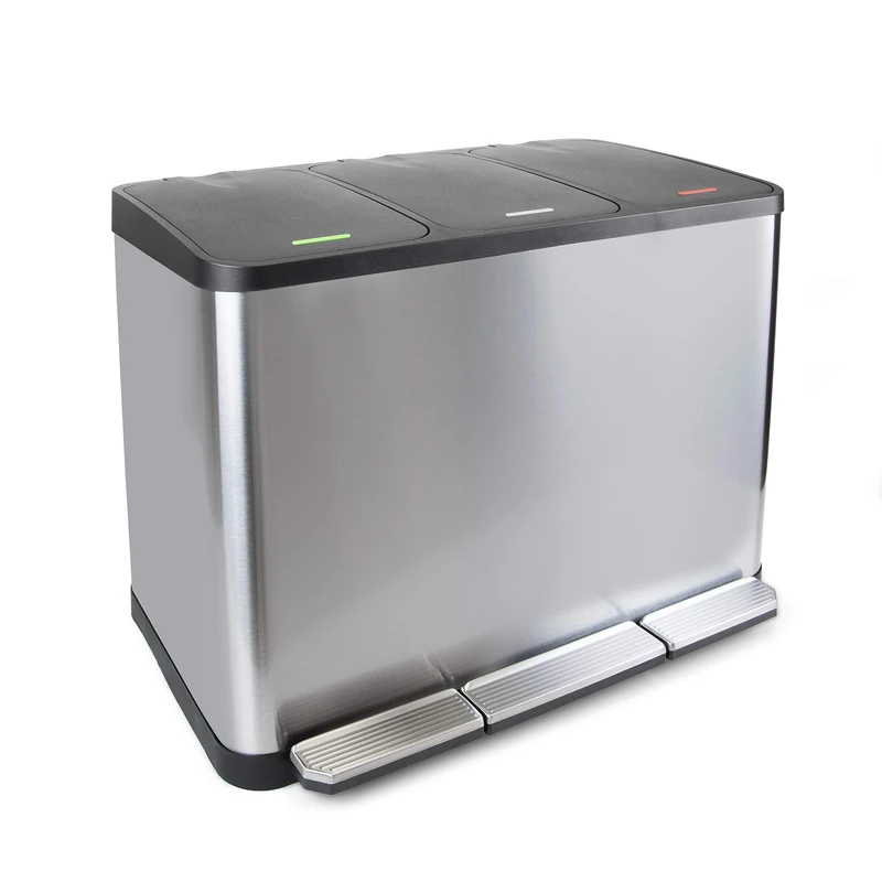 Emuca - Recycling containers, Waste Separation System, Pedal bin with 3 x15-litre compartments, stainless steel