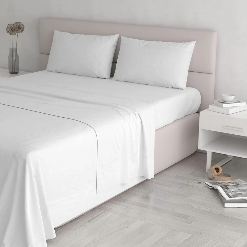 Italian Bed Linen Natural Colour Bed Sheet Set, White/White, Double