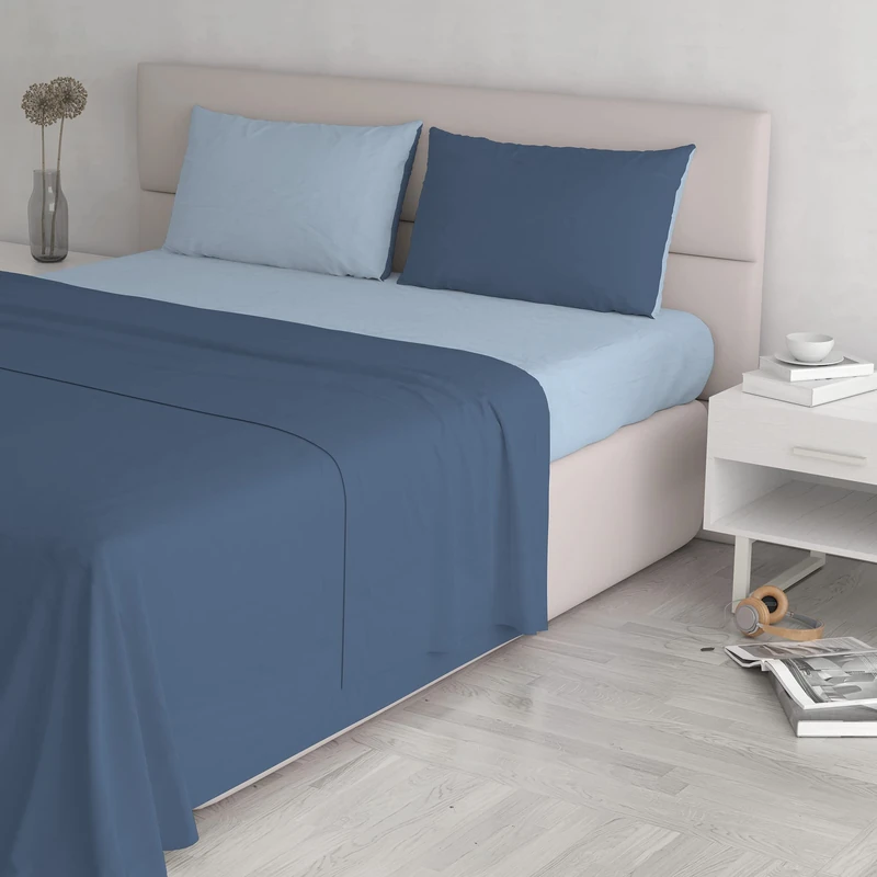 Italian Bed Linen Natural Colour Bed Sheet Set, Avio/Light Blue, Double