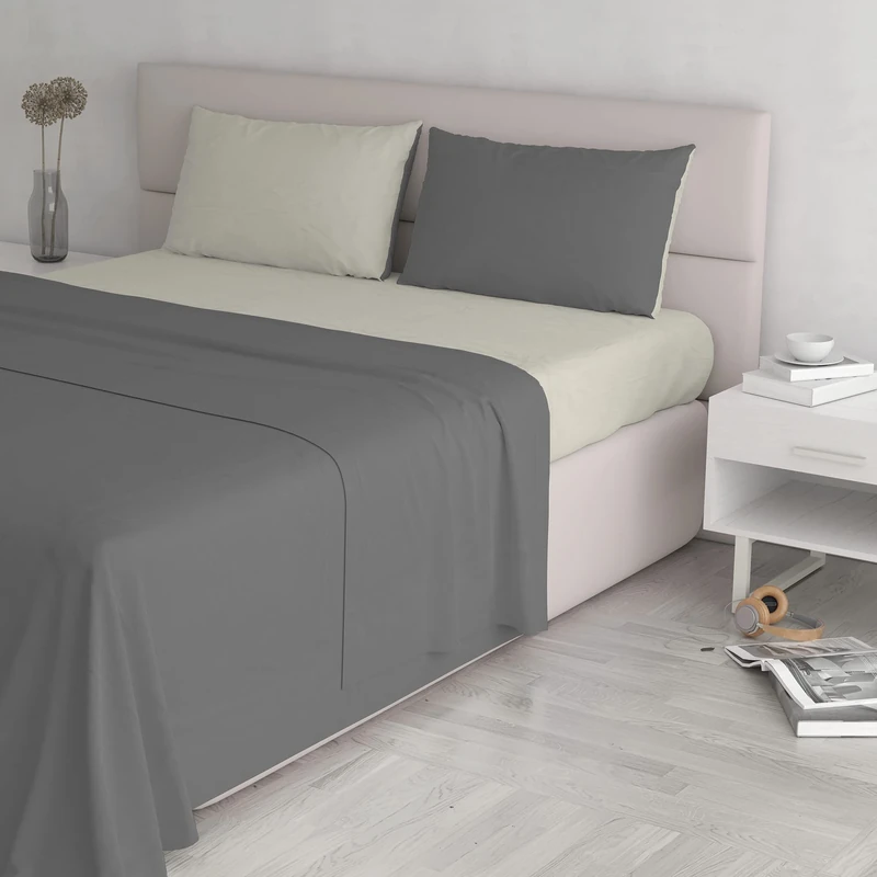 Italian Bed Linen Natural Colour Bed Sheet Set, Smoke Gray/Cream, Double