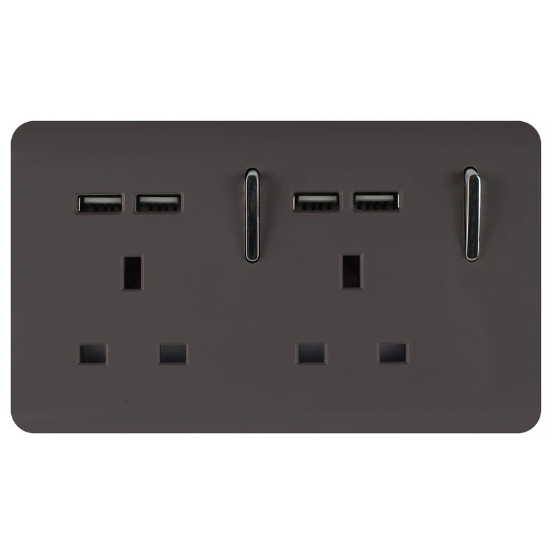 Trendi 2 Gang Artistic Modern Glossy 13 Amp 4x2.1mA USB Switched Plug Socket Dark Brown - Image 1