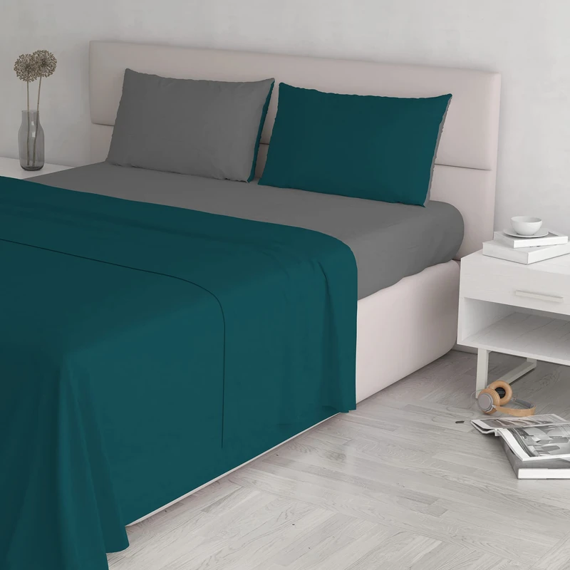 Italian Bed Linen Natural Colour Bed Sheet Set, Linen Cotton, Petrol Green/Dark Grey, Double