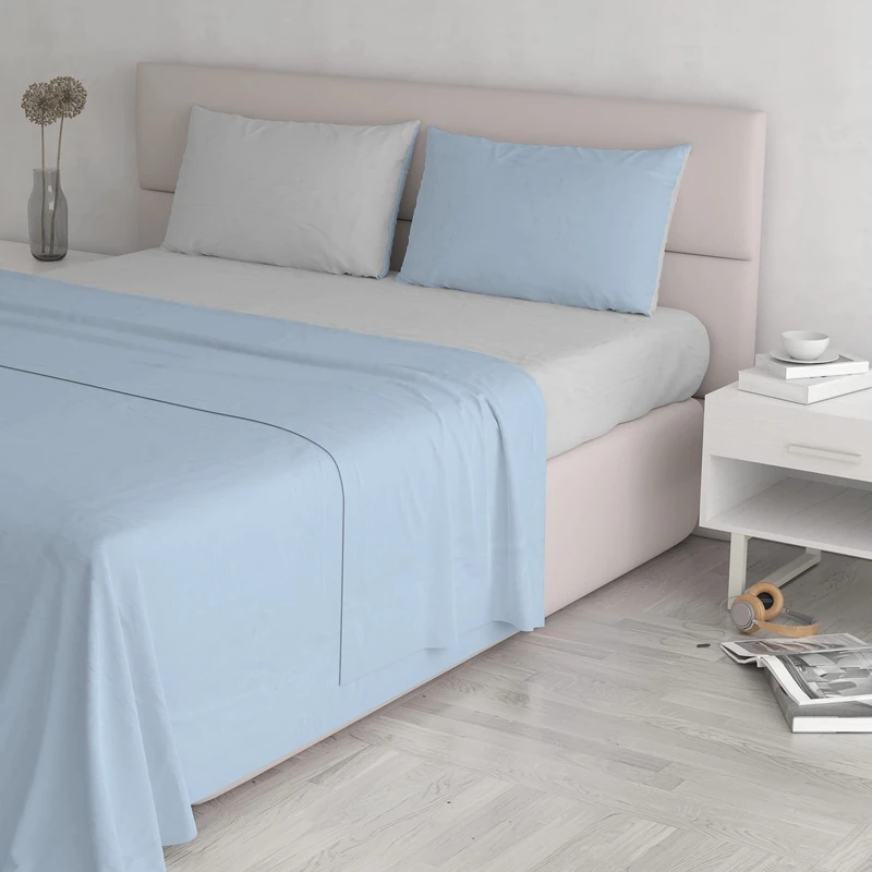 Italian Bed Linen Natural Colour Bed Sheet Set, Linen Cotton, Light Blue/Light Grey, Double