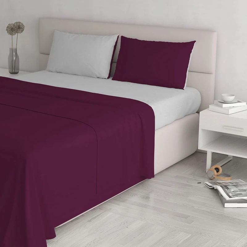 Italian Bed Linen Natural Colour Bed Sheet Set, Linen Cotton, Plum/Light Grey, Double