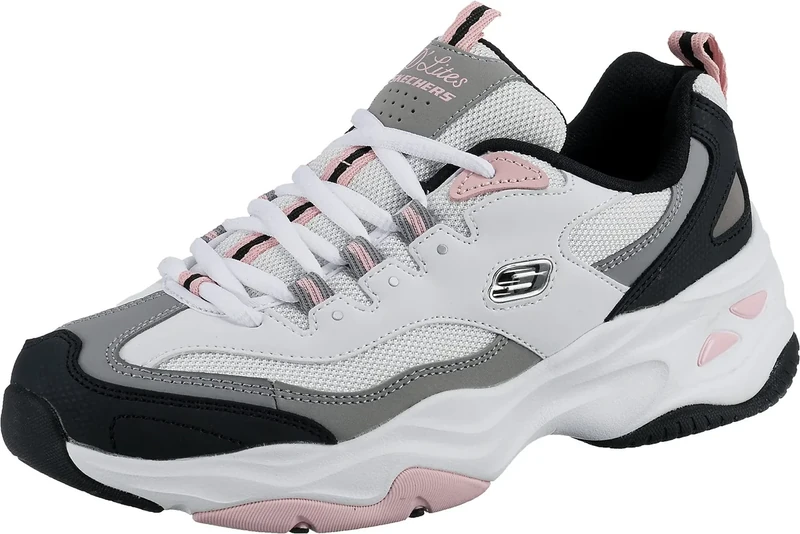 Skechers Women's D'lites 4.0 Fresh Diva Sneaker,White Leather Mesh Black Pink Trim,7 UK