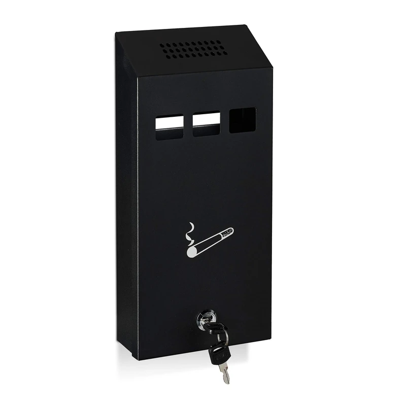 Relaxdays Wall-Mounted Ashtray for Outside, Weatherproof, Lockable, with Mounting Material & Keys, HWD 32x15x6 cm, Black