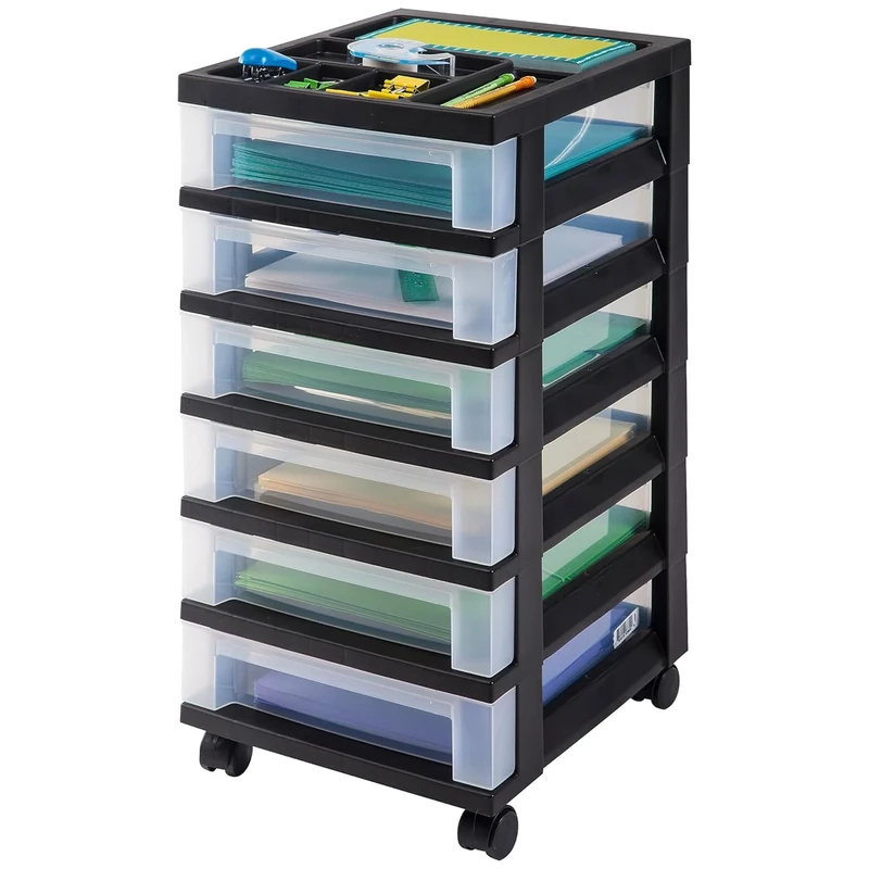 IRIS Plastic Storage, Rolling Cart with Organizer Top, Black, 6 Drawer