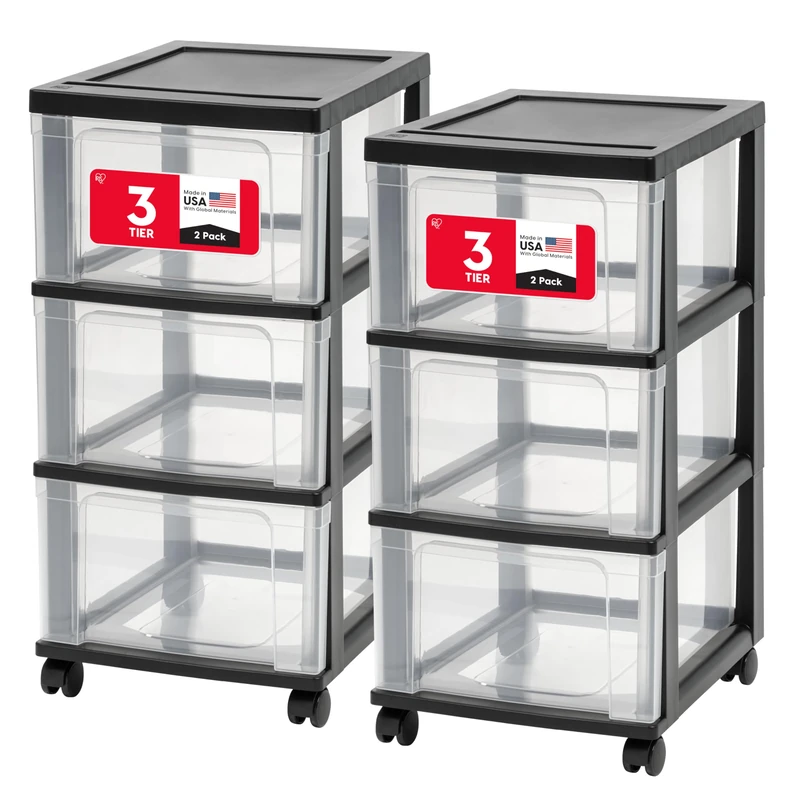 IRIS Plastic Storage, Rolling Cart with Organizer Top, Black, 3 Drawer Slim-2 Pack