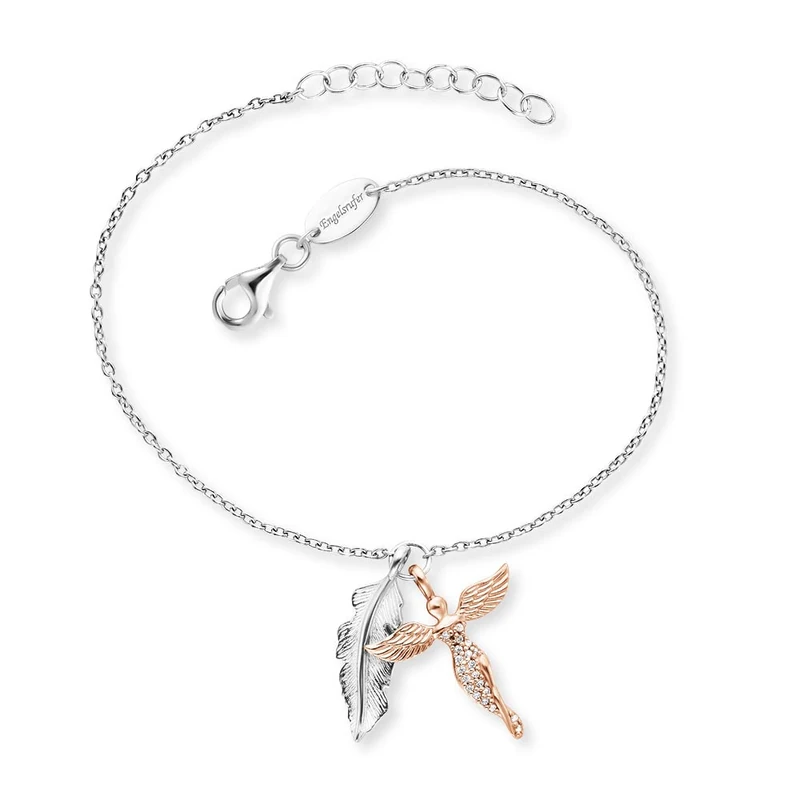 Angel Whisperer Women's bracelet made of sterling silver with feather pendant and angel pendant, set with 20 zirconia stones, lobster clasp, adjustable length, 17 cm, Sterling Silver, Cubic Zirconia