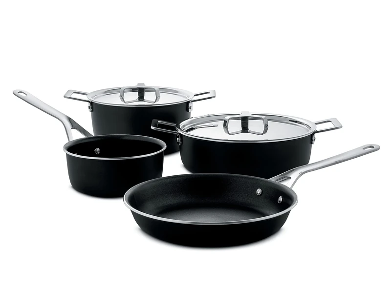 Alessi Cookware set composed of Casserole (AJM101/20B), Low casserole (AJM102/24B), Saucepan (AJM105/16B), Frying pan (AJM110/24B), 2 Lids (AJM200/20, AJM200/24)