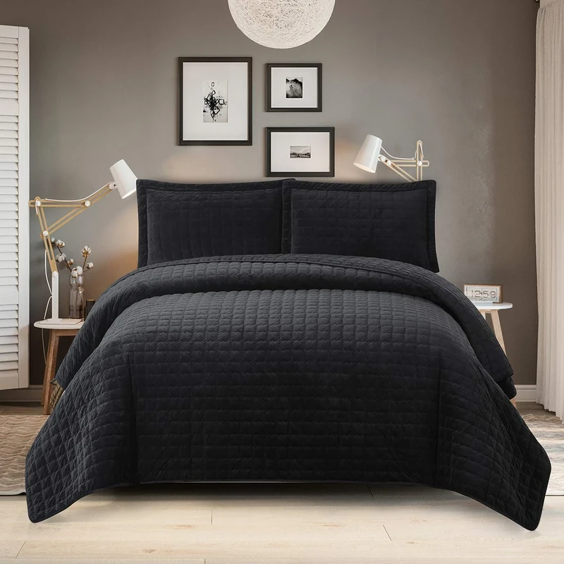 Royal Hotel Bedding Plush Velvet King/CalKing Quilt Set, Black, 3pc (Coverlet, Pillow Shams), 110x96 Inches, Luxury Fantasy, Solid