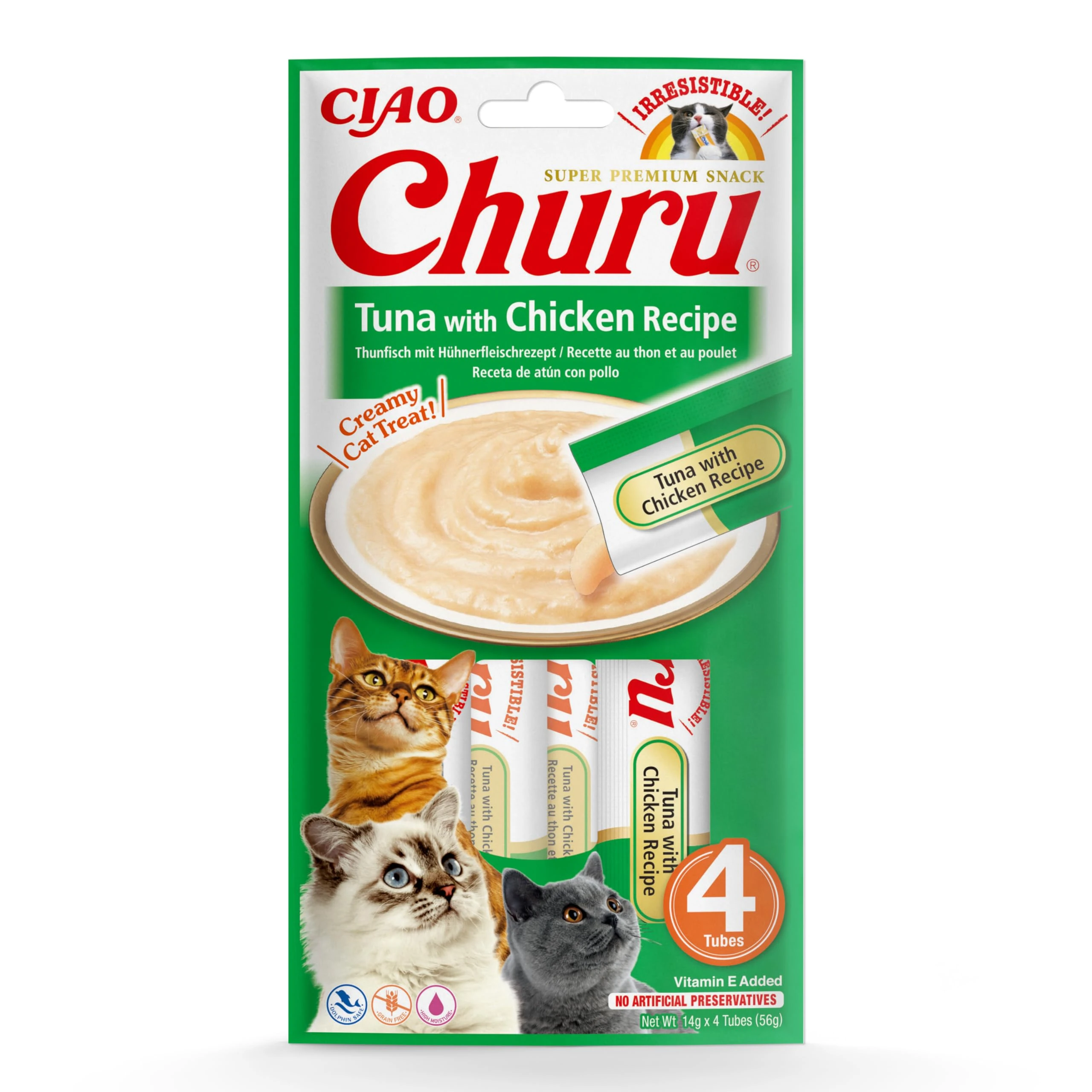Ciao Churu Sticks by INABA Cat Treat - Tuna & Chicken Flavour (4 x 14g) / Soft & Creamy Cat Treat, Delicious & Healthy Snack, Squeezable Purée Food Topper, Pill Assist, Natural, Grain Free