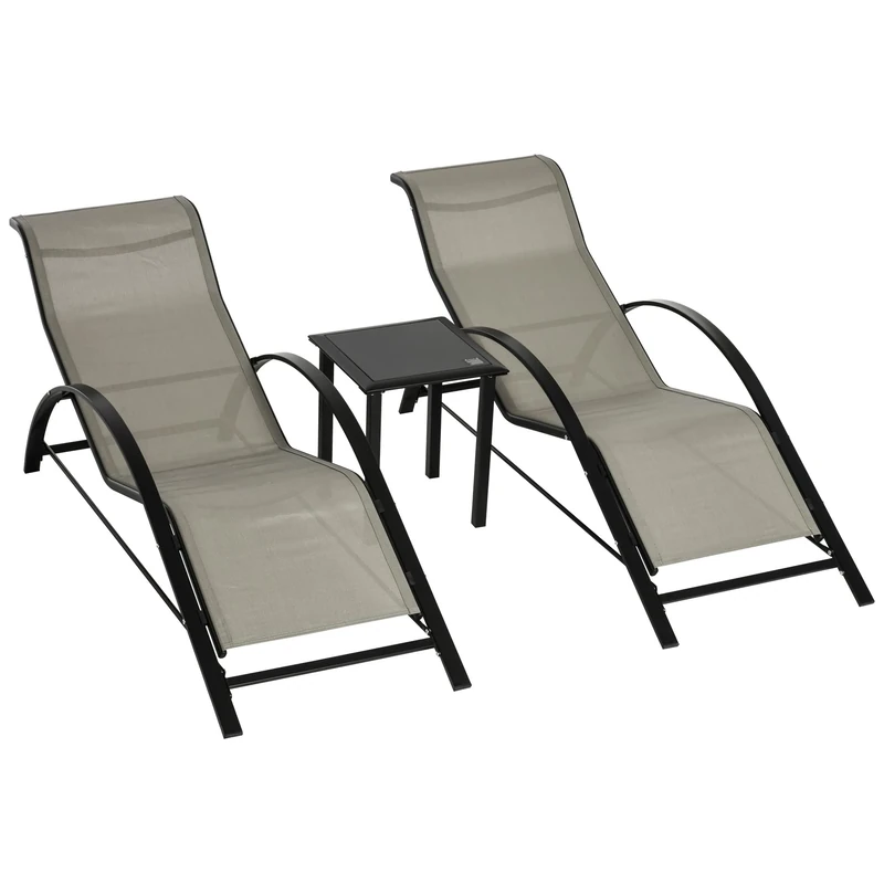 Outsunny 3 Pieces Sun Lounger Chair Set, Metal Frame Outdoor Garden Recliner Chairs with Glass-Top Side Table and Armrests for Patio, Grey