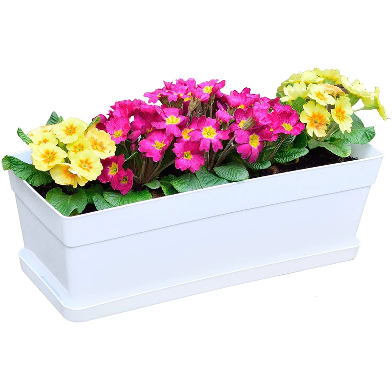 Youngever 3 Pack 38CM Plastic Window Box Planter, Heavy Duty, Flower Box Planter with Attached Tray for Windowsill Garden Balcony, White
