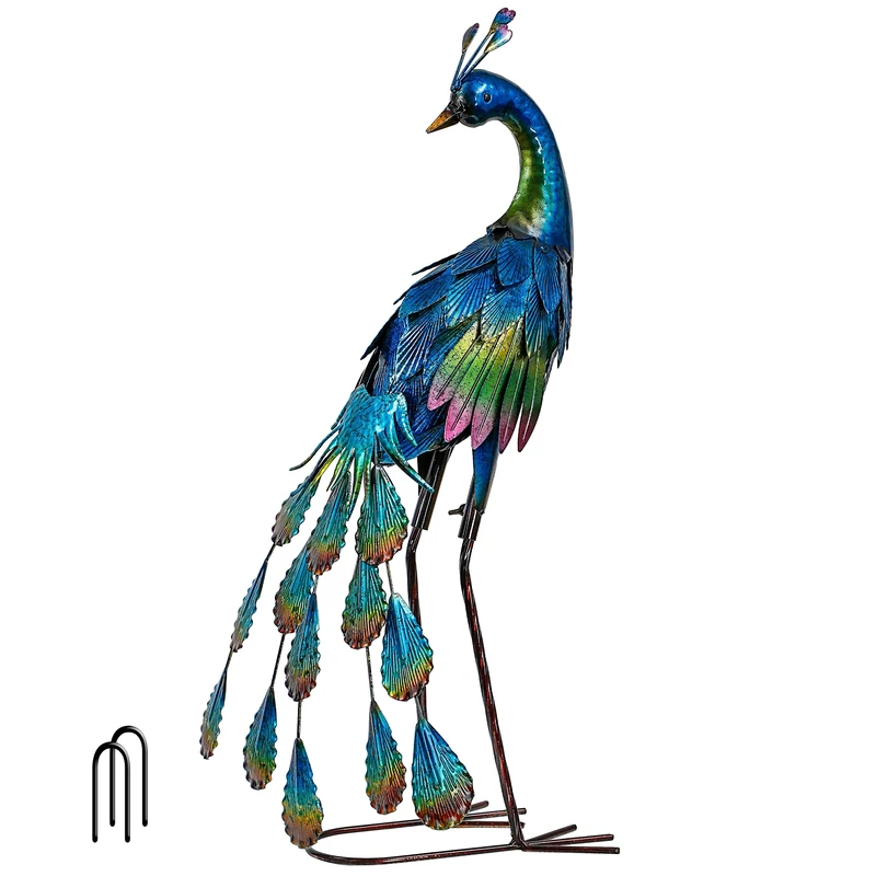 TERESA'S COLLECTIONS Outdoor Decor Peacock Yard Art Garden Sculptures & Statues,Blue Small Metal Bird Lawn Ornaments,22.4inch Outside Decorations for Porch,Patio,Pond Decor,Housewarming Gift