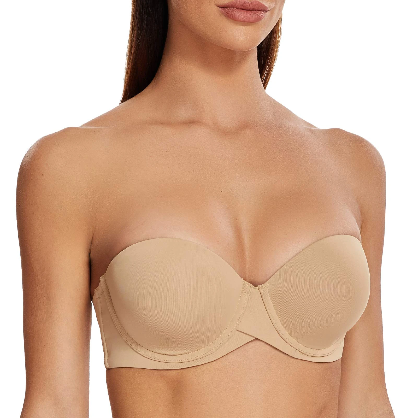 MELENECA Women's Push up Strapless Bras with Lift Stay Put Padded Cup Almond 44E