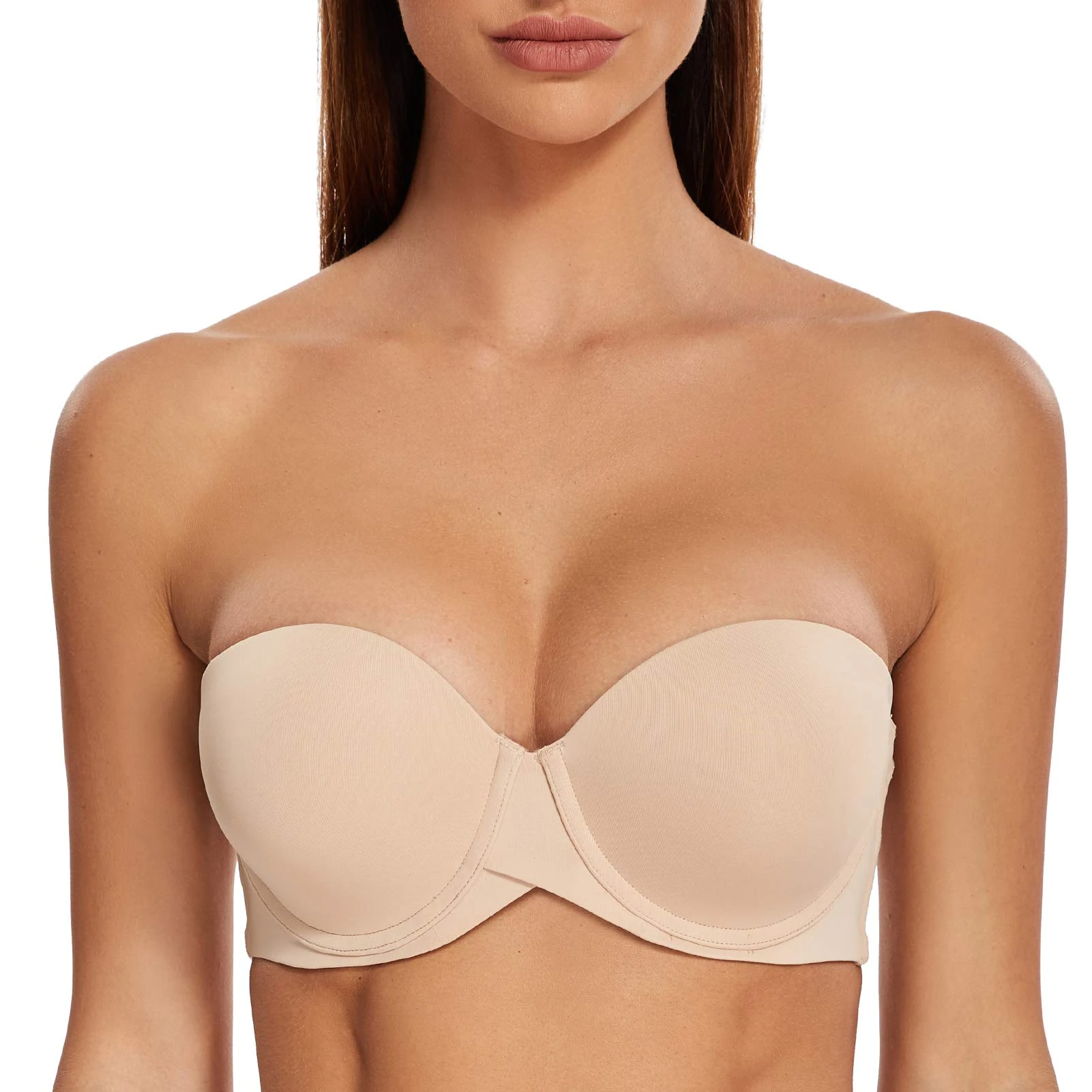 MELENECA Women's Push up Strapless Bras with Lift Stay Put Padded Cup Beige 44E