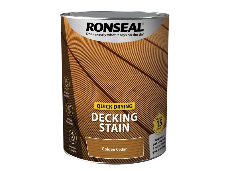 Ronseal Quick Drying Decking Stain – Golden Cedar, 5L, Recoat in 15 Minutes, Slip Resistant Finish, No Flaking or Peeling, Easy Reapply for Exterior Decking, DIY and Garden Use