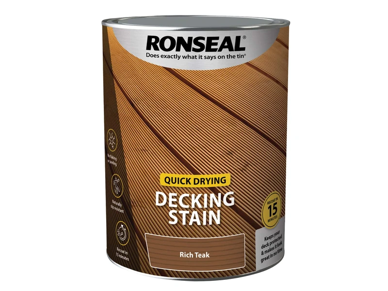 Ronseal Quick Drying Decking Stain – Rich Teak, 5L, Recoat in 15 Minutes, Slip Resistant Finish, No Flaking or Peeling, Easy Reapply for Exterior Decking, DIY and Garden Use