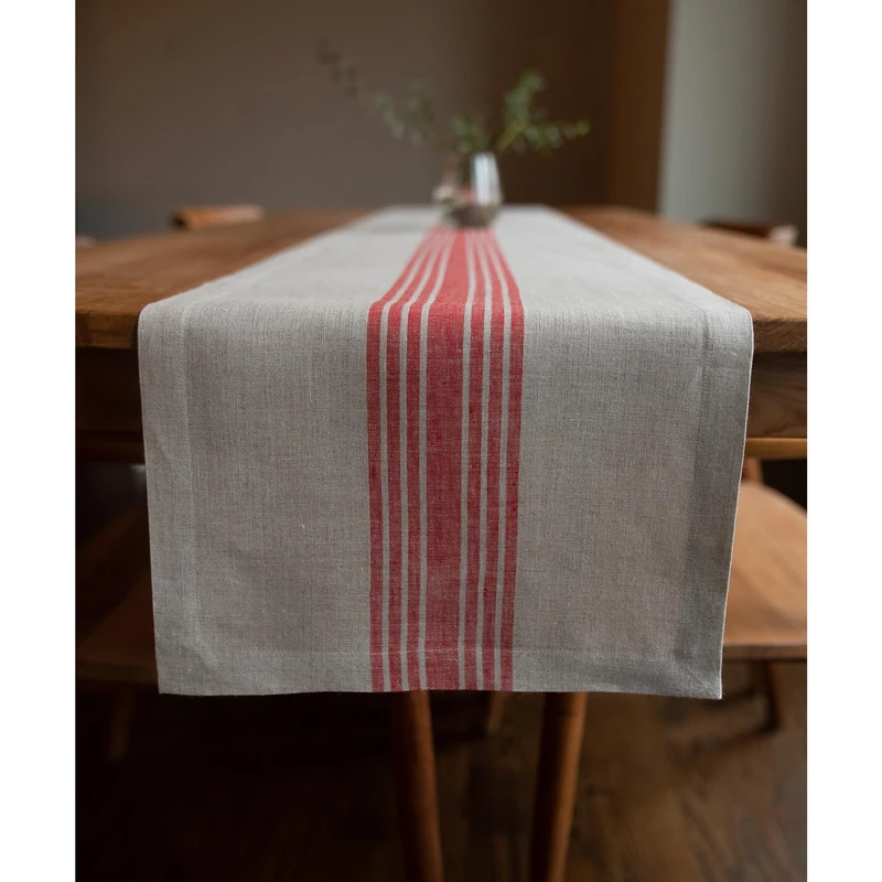 Solino Home Stripe Linen Table Runner 120 Inches Long - 100% Pure Linen Farmhouse Red and Natural Table Runner 14 x 120 Inch Ideal for Dining, Spring, Summer