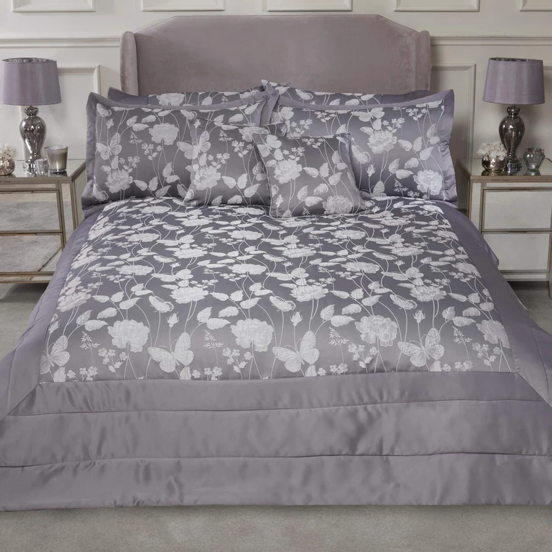 Emma Barclay Butterfly Meadow - Embellished Jacquard Quilted Bedspread Set in Silver - To Fit Double/King