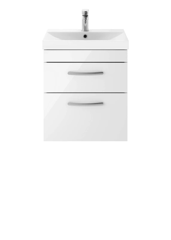 Nuie Modern Bathroom Wall Hung 2 Soft Close Drawer Vanity Unit with Thin-Edge Ceramic Basin, 500mm, Gloss White, Manufactured Wood