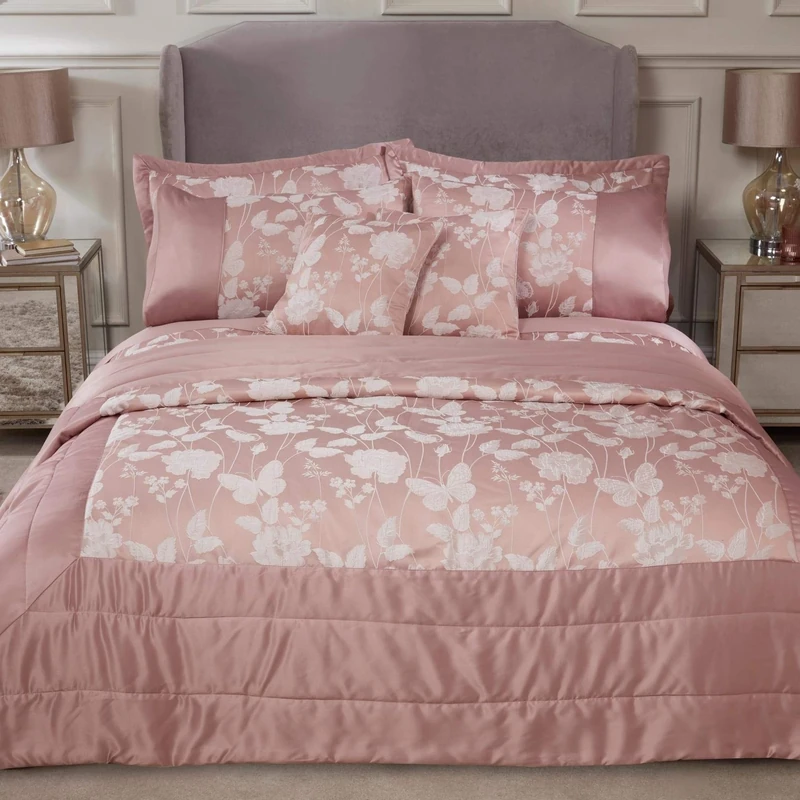 Emma Barclay Butterfly Meadow - Embellished Jacquard Quilted Bedspread Set in Blush Pink - To Fit Double/King