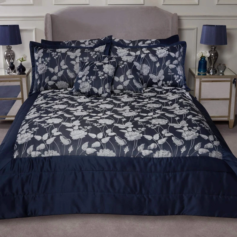 Emma Barclay Butterfly Meadow - Embellished Jacquard Quilted Bedspread Set in Navy - To Fit Double/King