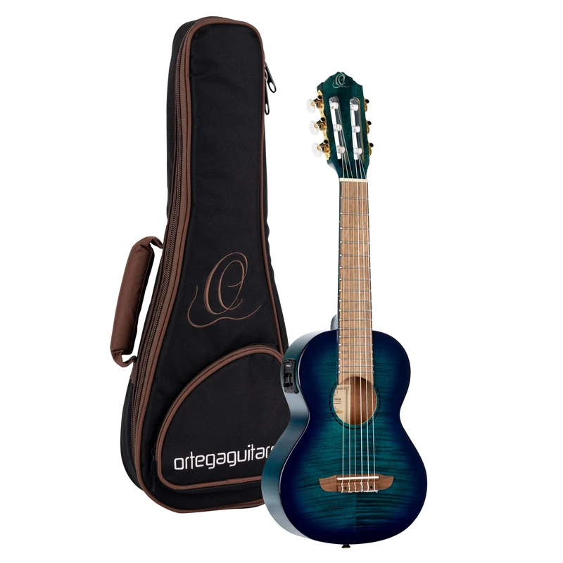 Ortega Guitars Travel Guitar Electro-Acoustic – Mini Travel Series – Flamed Mahogany, Gloss Blue (RGLE18BLF)
