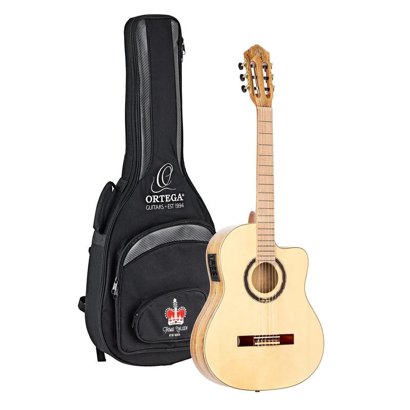 Ortega Guitars Classical Guitar Electro-Acoustic – Slim Neck – Signature Series – Including Gig Bag – Solid Spruce / Spalted Maple, Natural (TZSM-3)