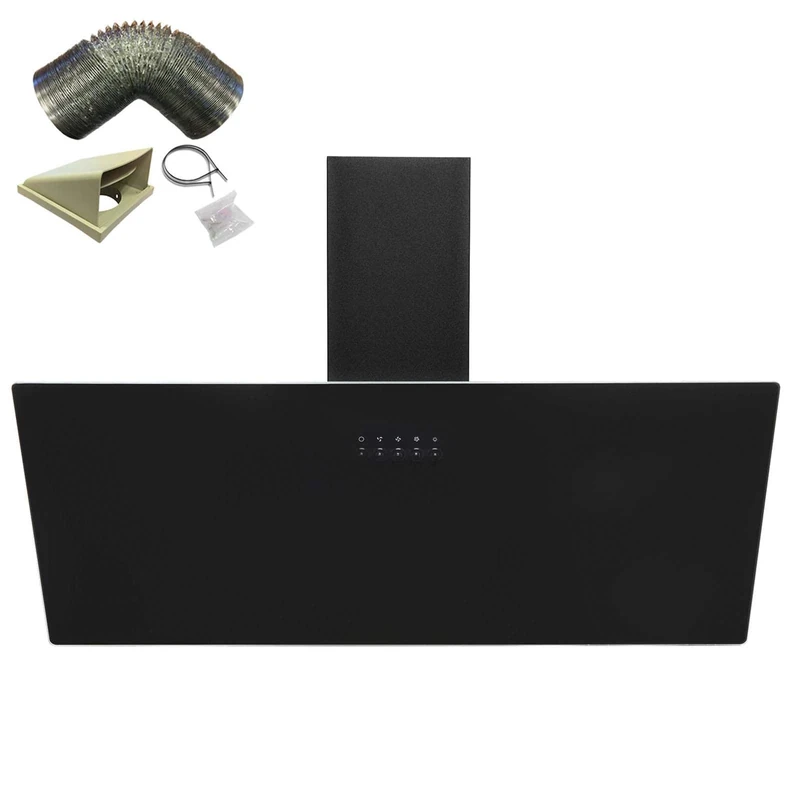 SIA AH90BL 90cm Black Angled Glass Chimney Kitchen Cooker Hood Fan & 1m Ducting