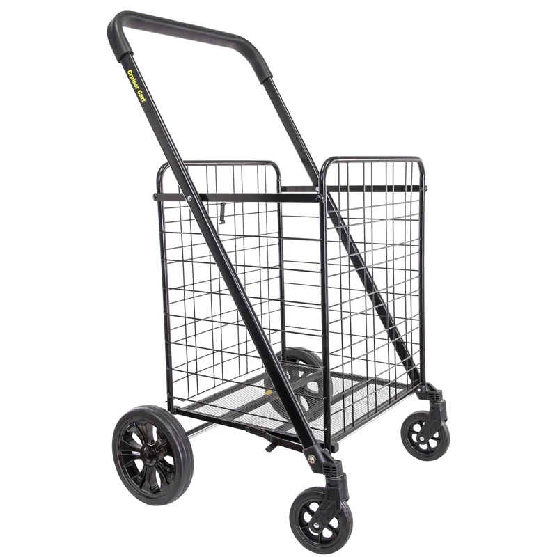 dbest products Cruiser Cart Deluxe 2 Shopping Grocery Rolling Folding Laundry Basket on Wheels Foldable Utility Trolley Compact Lightweight Collapsible, Black