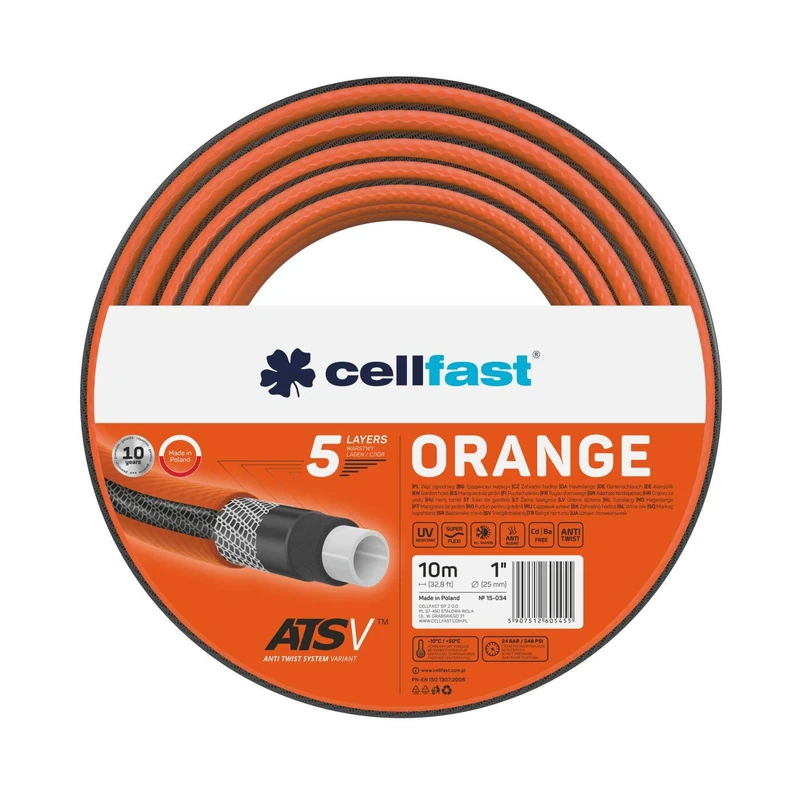 Cellfast Garden Hose Orange, Heavy Duty 5 Layers, UV Resistant Yarn Hose, ATSV™ Tricot Braid, 24 bar, 1", 10m, 15-034