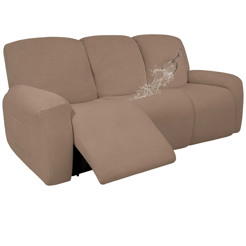 Easy-Going 100% Dual Waterproof Recliner Sofa Cover, 8-Pieces Stretch Relining Couch Cover with Pocket, Jacquard 3 Seat Sofa Slipcover Leakproof Washable (Sofa, Camel)