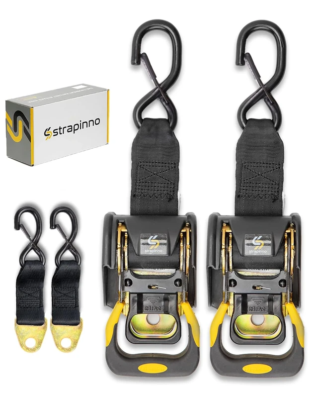 STRAPPINO 2PCS Retractable Ratchet Straps (1 7/8 in x 4 ft) Heavy Duty Tie-Downs with Extension Straps, Bolt Set & Safety Latch S-Hooks,for Boat,ATV
