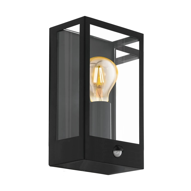 EGLO Outdoor Wall Light Alamonte with Motion and Twilight Sensor, External Porch Lighting, Waterproof Outside Lamp Made of Black Metal and Clear Glass, E27 Socket, IP44