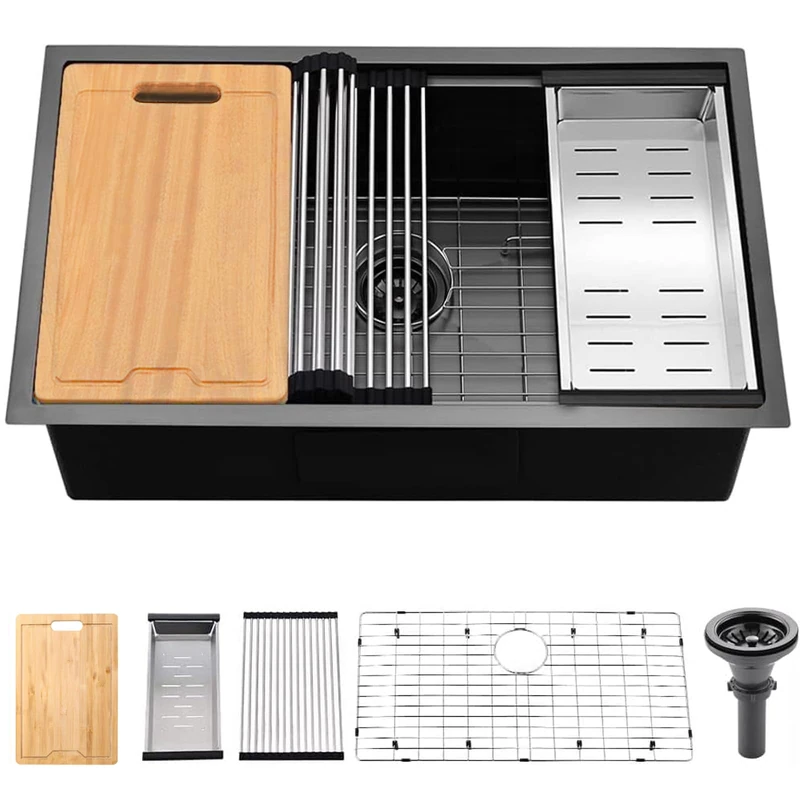 SHACO 33 Inch Black Undermount Kitchen Sink, 33x19 Large Gunmetal Black Farmhouse Sink, Stainless Steel Single Bowl Basin Wet Bar Prep Sink, Ledge Workstation Kitchen Sink with Cutting Board